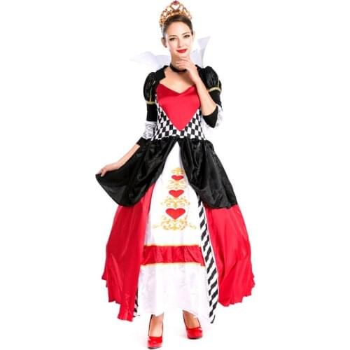 Poker Queen Costume Women Cosplay Halloween Long Dress Sexy Female Princess Apparel Queen of Hearts Disguise Party Role Play