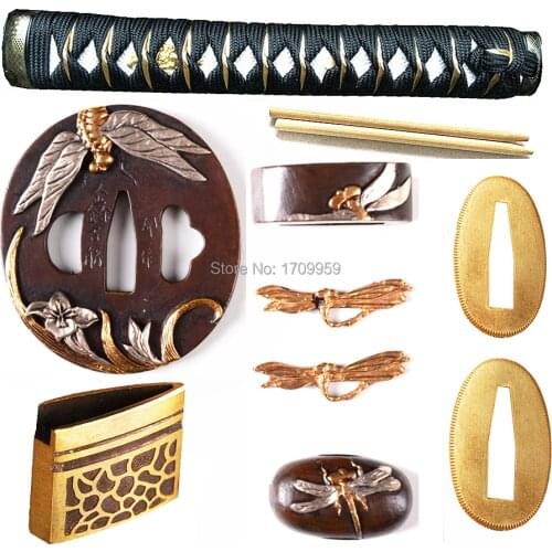 Brass Sword Hand Guard for Katana/Wakizashi/Tanto DIY Handle Fittings Set Tsuba+Menuki+Fuchi+Kashira+Habaki+Seppa W/Dragonfly