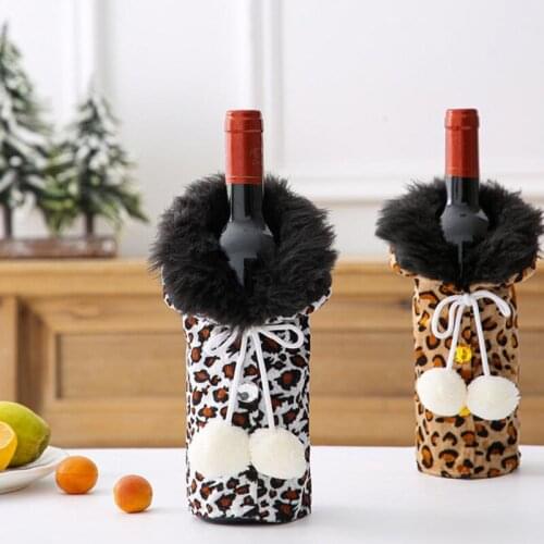 Leopard Print Champagne Wine Set Decoration Wine Bottle Cover Fabric Decorative Bottle Bag with Two Hairballs for Home