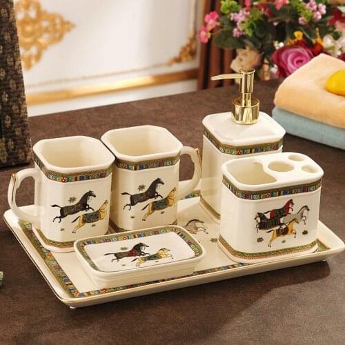 Bathroom Accessories Set Ceramic Soap Dispenser Toothbrush Holder Gargle Cup Bathroom 5-6 Pieces Set With Tray Wedding Gifts