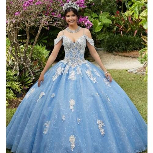 Sky Blue Quinceanera Dresses Ball Gown Off The Shoulder Tulle Appliques Beaded Puffy Cheap Sweet 16 Dresses