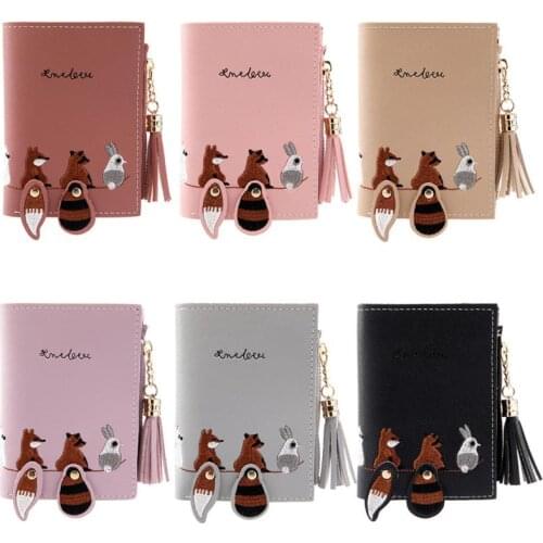 New WomenS Wallet Cartoon Cute Tassel Short Purse Card Bag Clutch Embroidery Folding wallet Credit Card Holder