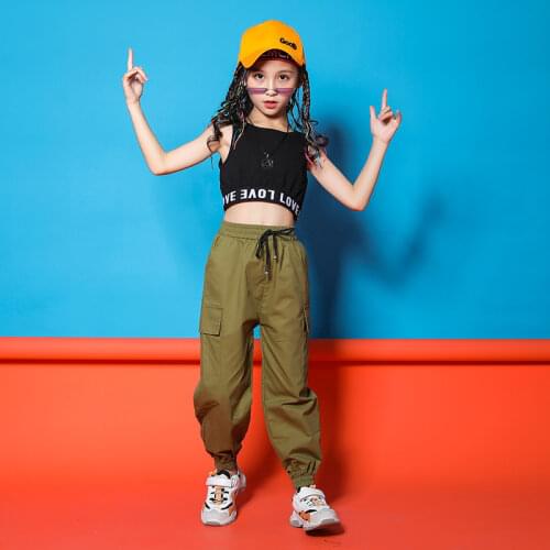 Girls Hip Hop Clothing Black Top Crop Vest Running Pants For Jazz Dance Costumes Ballroom Dancing Clothes 8 10 12 14 16 Years
