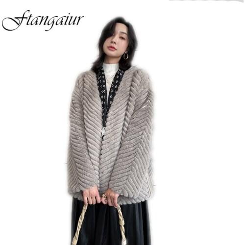 Ftangaiur 2021 Winter Import Velvet Mink Fur Coat V-Neck Striped Women Medium Natural Real Fur Jacket Mink Fur Coats