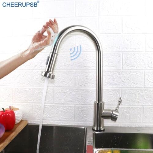 Smart Touch Kitchen Sink Faucet Pull Out Automatic Sense Crane Hot Cold Water Mixer Tap Single Hole Deck Mount Brushed Faucets