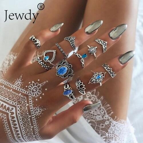 Jewdy Boho Retro Crystal Vintage Geometry Rings Set For Woman Flower Silver Color Ring Fashion Accessories Jewelry sets