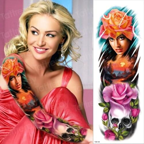 Temporary tattoo sticker flower girl rose skull arm sleeve tattoos large long sleeve leg sticker waterproof fake tatoo water