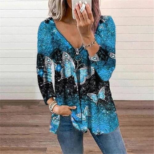 Womens Long Sleeve Shirts Casual V-neck Zipper Pullover Butterfly Print Blouses And Shirts Blusas Mujer De Moda 2021 Women Tops