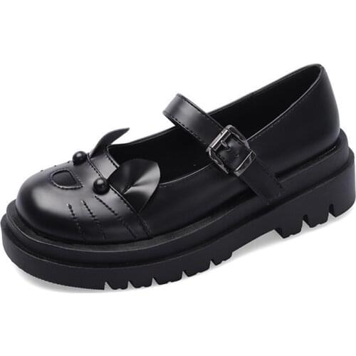 Mary Janes Women Shoes Woman Thick Mid Heels Cat Thick Bottom Platform Round Toe Buckle Strap Leather Casual Shoes Plus Size