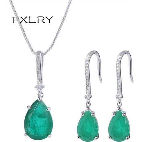 FXLRY High Quality AAA Cubic Zirconia Vintage Water Drop Shape Drop Green CZ Necklace Earring For Women Jewelry Sets