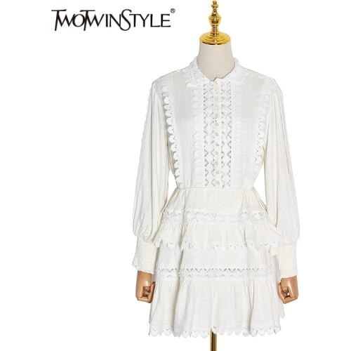 TWOTWINSTYLE White Dress For Women Lapel Collar Long Sleeve High Waist Hollow Out Elegant Dresses Female 2021 Spring Clothes New