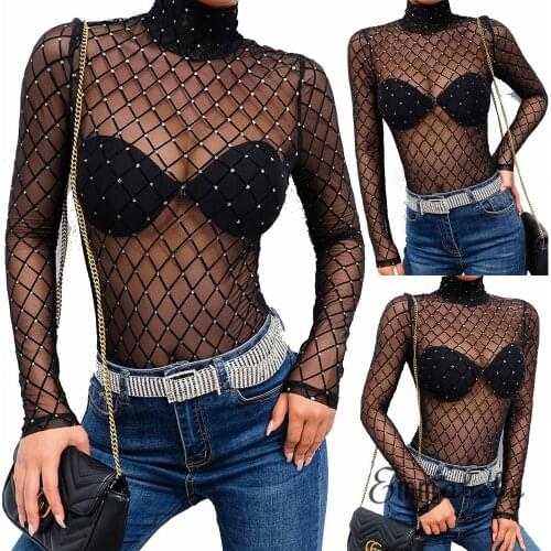 2021 Spring Women Long Sleeve Glitter Crystal Beadings Grid Mesh See through Bodysuit Tops Jumpsuit Rompers Bodysuit Clubwear