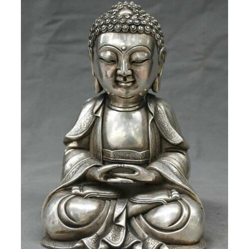 8.8" Old Chinese Silver Seat Shakyamuni Amitabha Gautama Buddha Sculpture