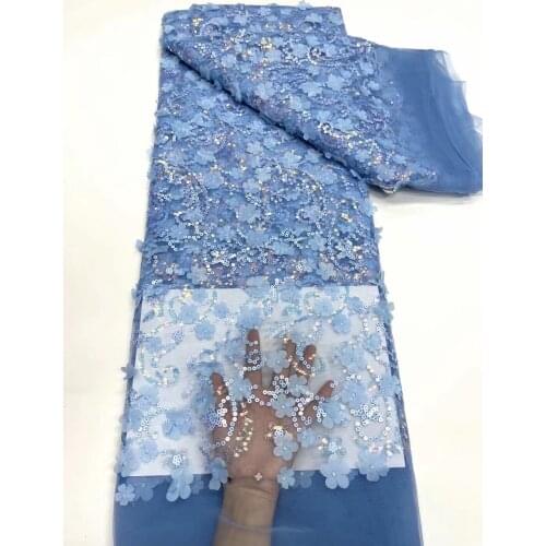 8 colors (5yards/pc) Graceful small 3D flowers appliqued French net lace sky blue African tulle lace fabric with sequins FJY393