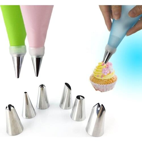 8Pcs/lot New Silicone Kitchen Accessories Icing Piping Cream Pastry Bag 6 Stainless Steel Nozzles Set DIY Cake Decorating Sets