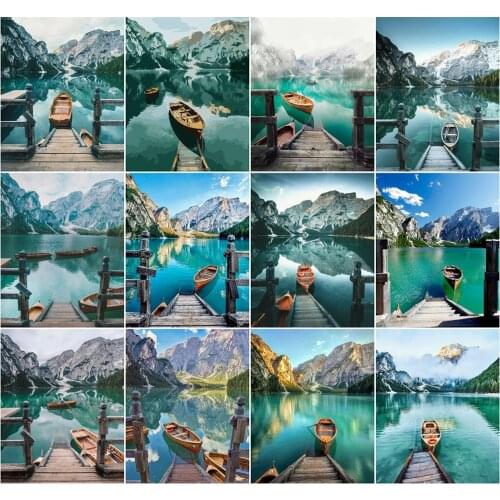 AZQSD DIY Painting By Number Canvas Kits Boat Unique Gift 40x50cm Coloring By Numbers Mountain River Scenery Decor For Home