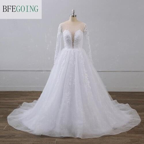 White Shiny Tulle Lace Beads Long Sleeves Bridal gown Floor-Length A-Line Wedding dress Chapel Train Custom made