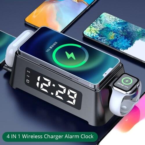 4 in 1 Wireless Alarm Clock Charger For iPhone 12 11 Pro XR XS 8 Plus/ Xiaomi K40Pro Mi 11 9 Chargers for AirPods/TWS Earphones