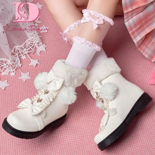 DoraTasia 2021 Winter Warm Plush Artificial Fur Ankle Boots Women Platform Low Heels Girls Boots Goth Sweet Cute School Shoes