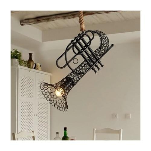 Loft American Country Hemp Rope Industrial black iron Saxophone Pendant Lamp Lights e27 Cafe bar droplight