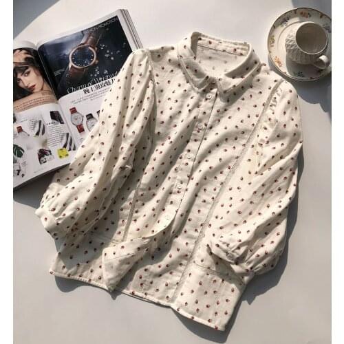 Elfbop Ladies Cotton Strawberry Printing Lace Blouse Shirt Top Features Elbow Sleeves & Lace Patchwork Detail