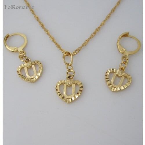 FoRomance- HIGH QUALITY GOLD GP 26 LETTERS INITIALS FROM U TO Z HEART LINE CARVED PENDANT 18" WATER WAVE NECKLACE EARRING SET