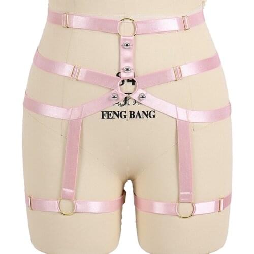 Kawaii Pink Garter Belt Hollow Bondage Body Harness Cage Elastic Goth Fetish Wear Women Waist Stockings Harness Suspender Belt