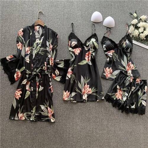 Sleepwear Set Satin Negligee Pants Bathrobe Nightwear Sexy Lingerie 4 Piece Lace Pajama Dressing Gown Bridesmaid Robes Pink