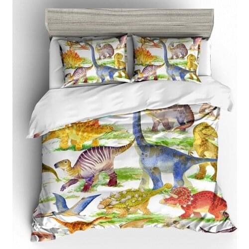 Cartoon Fun Dinosaur Bedding Set 3D Childrens Duvet Cover Red Green Blue Bed Cover Linen Pillowcase Full Queen