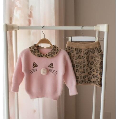 Autumn Winter Children Leopard Sweater Skirt Two-piece Suit Woollen Clothing Set Long Sleeve Kids Girls Clothes Knit Top Coat