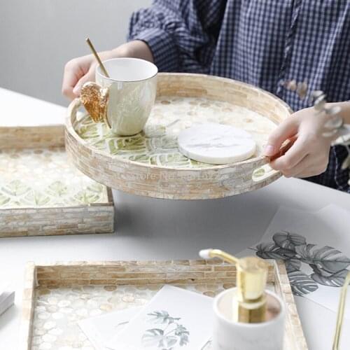 Square Tray Decoration European Art Luxury Wooden Color Shell Skin Care Products Jewelry Storage Tray Coffee Table Bathroom Tray