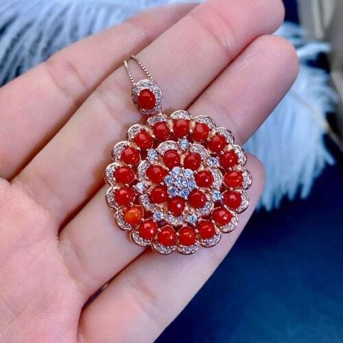 Fashion Lovely hydrangea flower natural red coral pendant S925 silver Natural gemstone Pendant Necklace women wedding giftewelry