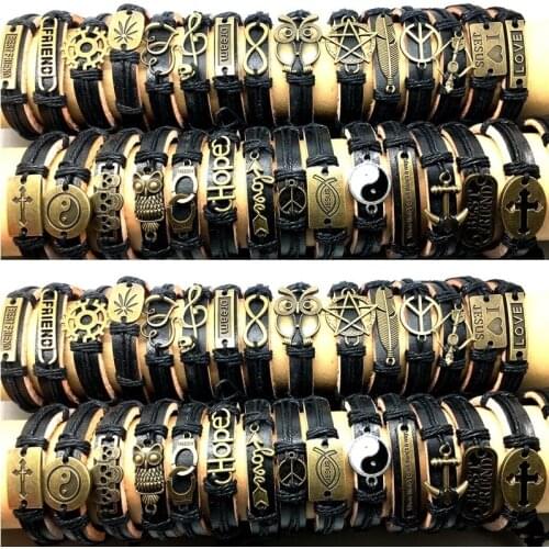 Wholesale 30pcs cuff leather bracelets men women unisex Copper Alloy decoration mix styles vintage fashion handmade jewelry