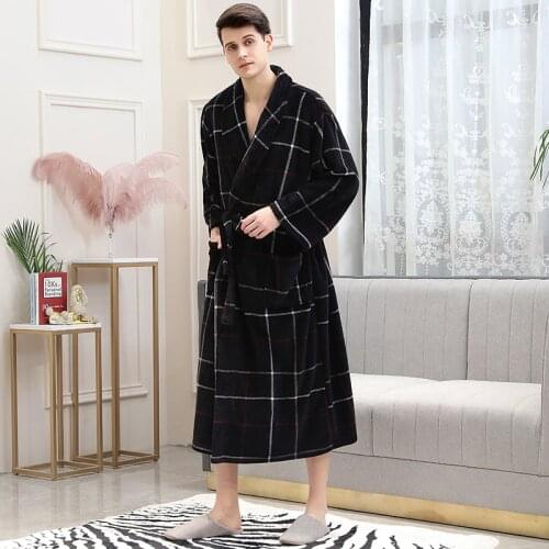 Men Long Warm Winter Flannel Kimono Bathrobe 40-130KG Coral Fleece Plus Size Bath Robe Cozy Night Dressing Gown Women Sleepwear