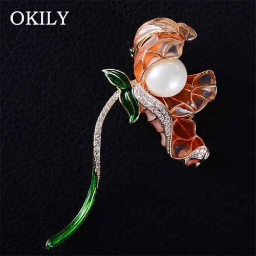 OKILY Elegance Lotus Flower Enamel Brooch Pin CZ Unique Pearl Brooch for Women Scarf Shawl Coat Suit Jewelry Accessories
