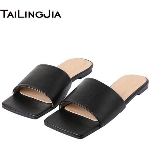 Flat Sandals Square toe Slides for Women 2020 Black White PU Leather Ladies Casual Slippers Large Size Flat Mules Beach Shoes