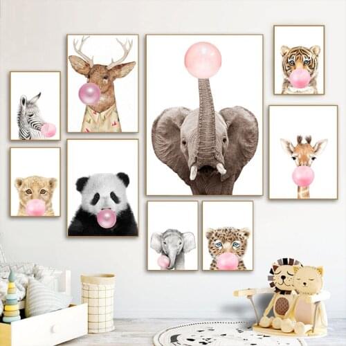 Elephant Panda Deer Animal Nursery Pink Bubble Canvas Painting Print Poster Wall Art Pictures for Baby Kids Children Room Decor