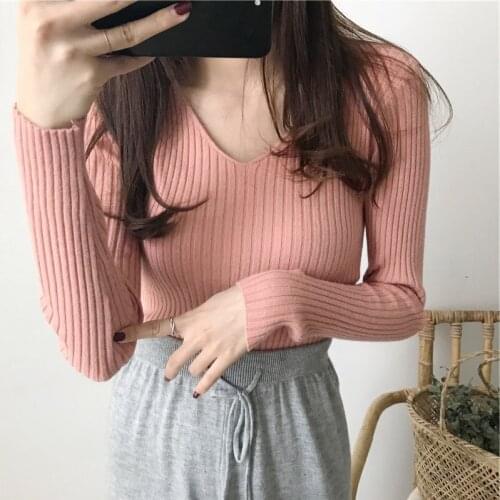 Women sweater 2020 new autumn winter keep warm V-Neck Full Pullovers Solid Computer Knitted Korean ladylike sweater