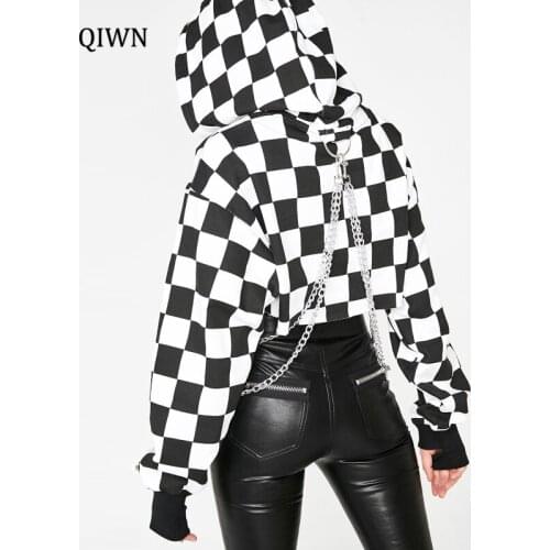 Grunge Geometry Print Sweatshirts Harajuku Punk Long Sleeve Oversized With Chain Crop Tops Y2K Streetwear Autumn Hoodies