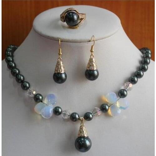 A gold Color Hot Jewelry 8mm12mm Eye red yellow pink black Jade shell pearl Pendant Necklace Earring Ring Set