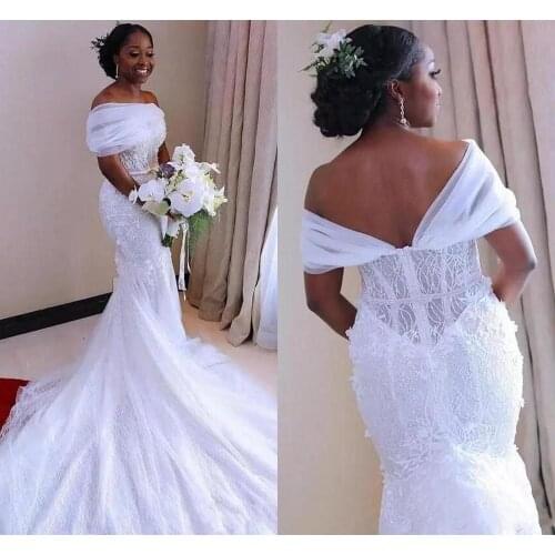 South African White Off Shoulder Mermaid Wedding Dresses Lace Appliques Wedding Gown Zipper Back Plus Size Bridal Gowns