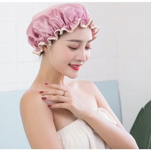 Women Double Waterproof Shower Satin Bathing Cap Hats Silk Reusable Hair Cover Hair Hat Wrapped Bathroom Shower Cap