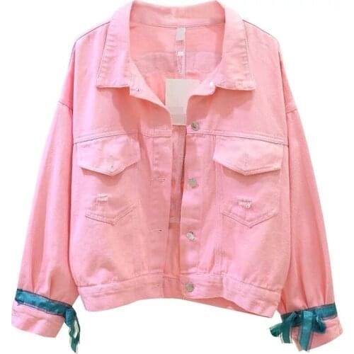 2021spring Summer New Denim Jacket Candy Color Embroidered Denim Short Coat Women Loose Long-Sleeved Single-Breasted Lady Top444