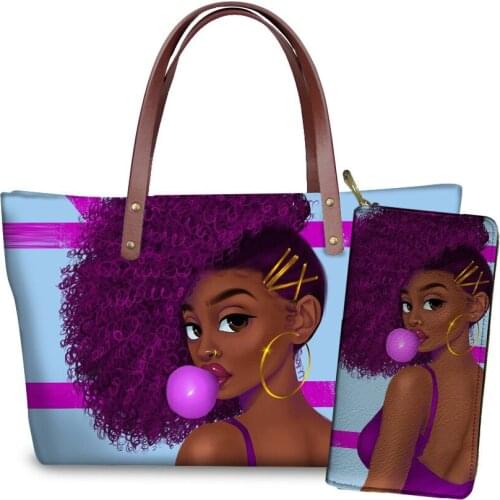 NOISYDESIGNS Women Handbags Black Art Afro Girls Design Shoulder Bag Ladies 2pcs/set Handbag&Purse Females Summer Beach Totes