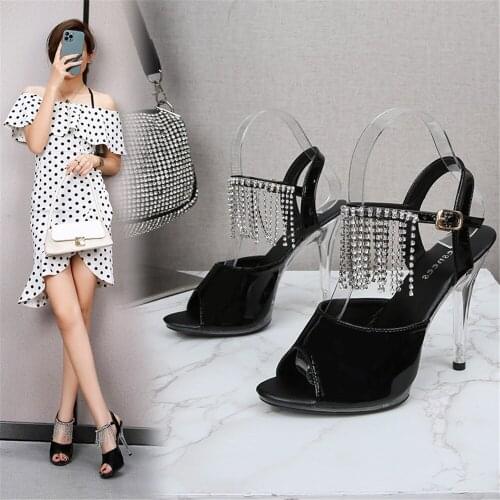 Womens Leather Sandals 2021 New Summer Sexy Heels Colorful Thin Head High Heels Fish Toe Fashion Party Walking Show Shoes Black