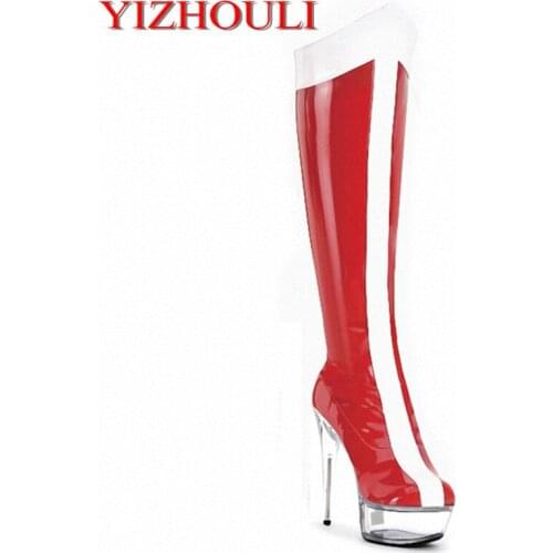Fashion Women Dancing Boots Bottom High Heel Shoes Sexy Boots 15cm Crystal Shoes 6 Inch Knee High Boots