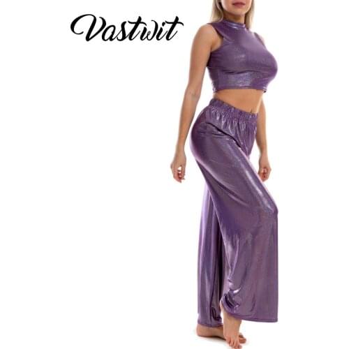 Women Shiny 2 Piece Outfits Workout Dance Yoga Sets Sexy Crop Top with Flared Long Pant Track Suits Yoga Sports