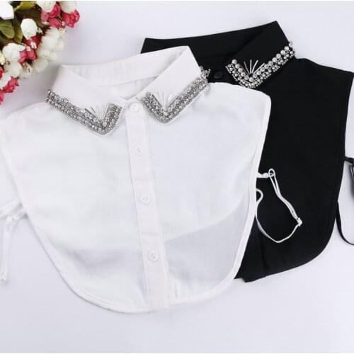 Women Retro Crystal Diamond Shirt Chiffon Fake Collar Tie New Rhinestone Bead Peter Pan Lapel False Detachable Collar Blouse Top