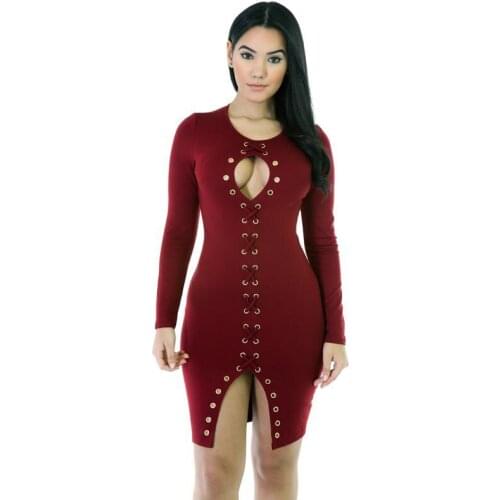 Autumn Bodycon White Red Bandage Dress Women Vestidos Verano 2019 Sexy Hollow Out Lace Up Clubwear Mini Celebrity Party Dress