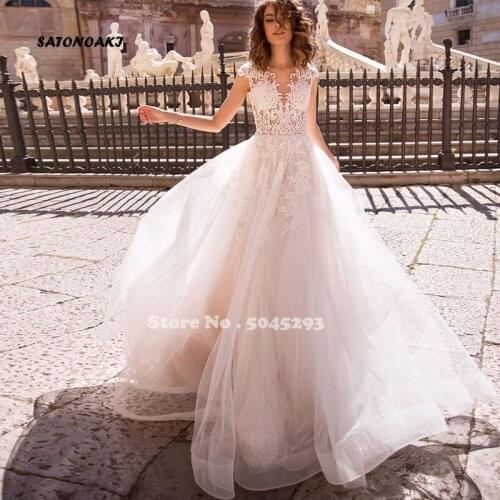 Vestidos Charming Wedding Dresses for Women 2021 Tulle Appliques V-Neck Short Sleeve A-Line Bridal Gowns Robe De Mariée Sukienka